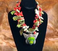 Green Turquoise and Coral Necklace 202//175